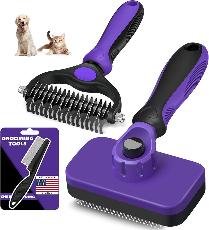 Augwind 3PCS Self Cleaning Slicker Brush & Pet Grooming Rake & Flea Comb for Dogs,Cats and Horses | Double-Sided Dematting Comb & Skin Friendly Deshedding Grooming Tool | Premium Pet Supplies (Purple Black) - Image 1